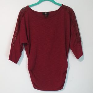 Maroon Lace Mid Sleeves and Ruched Sides Shirt